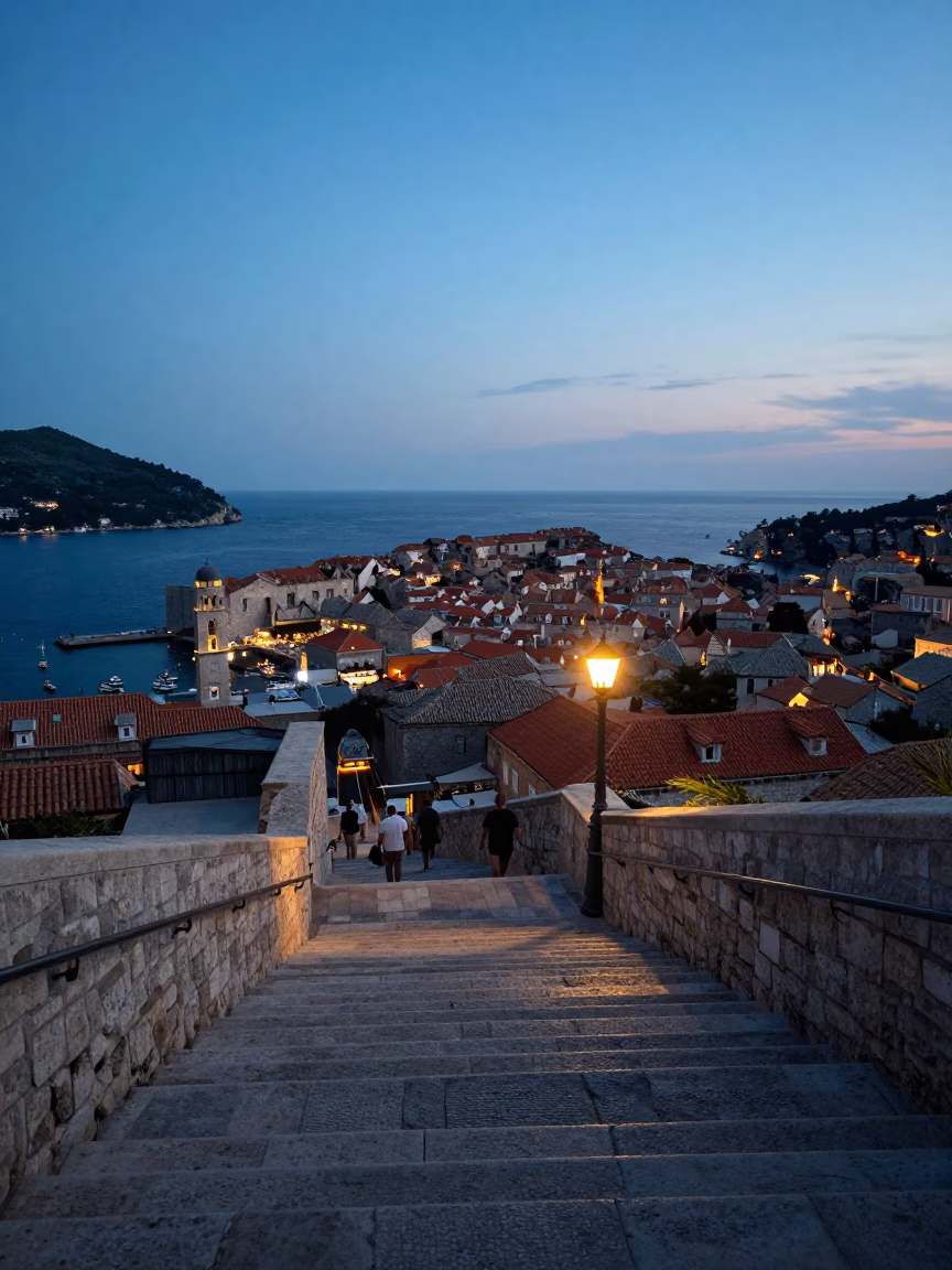 Nautical Dawn Light on Dubrovnik Old Town Stone Steps and Harbor Water in in Dubrovnik, Croatia