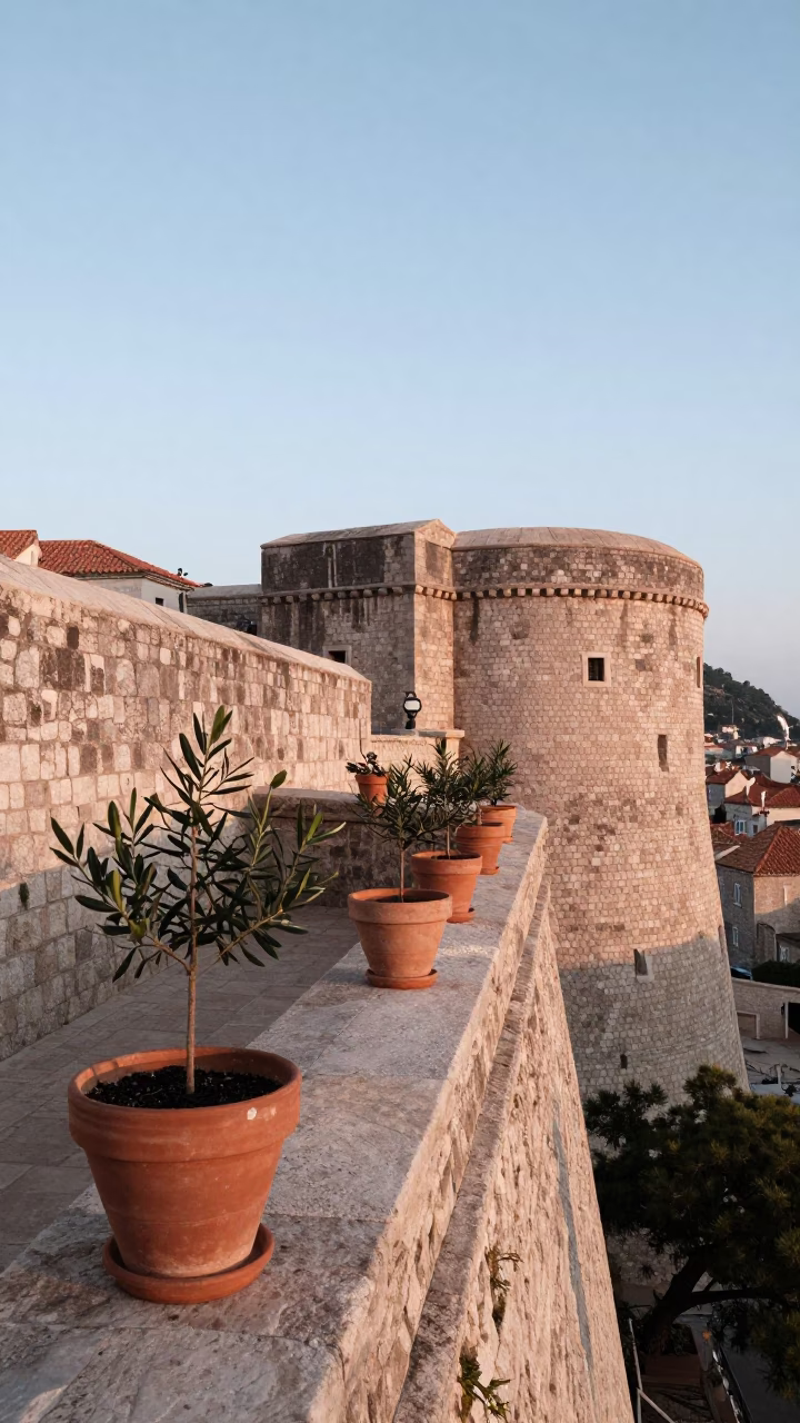 Nautical Dawn Light on Dubrovnik Terracotta Pots and Limestone Walls in in Dubrovnik, Croatia