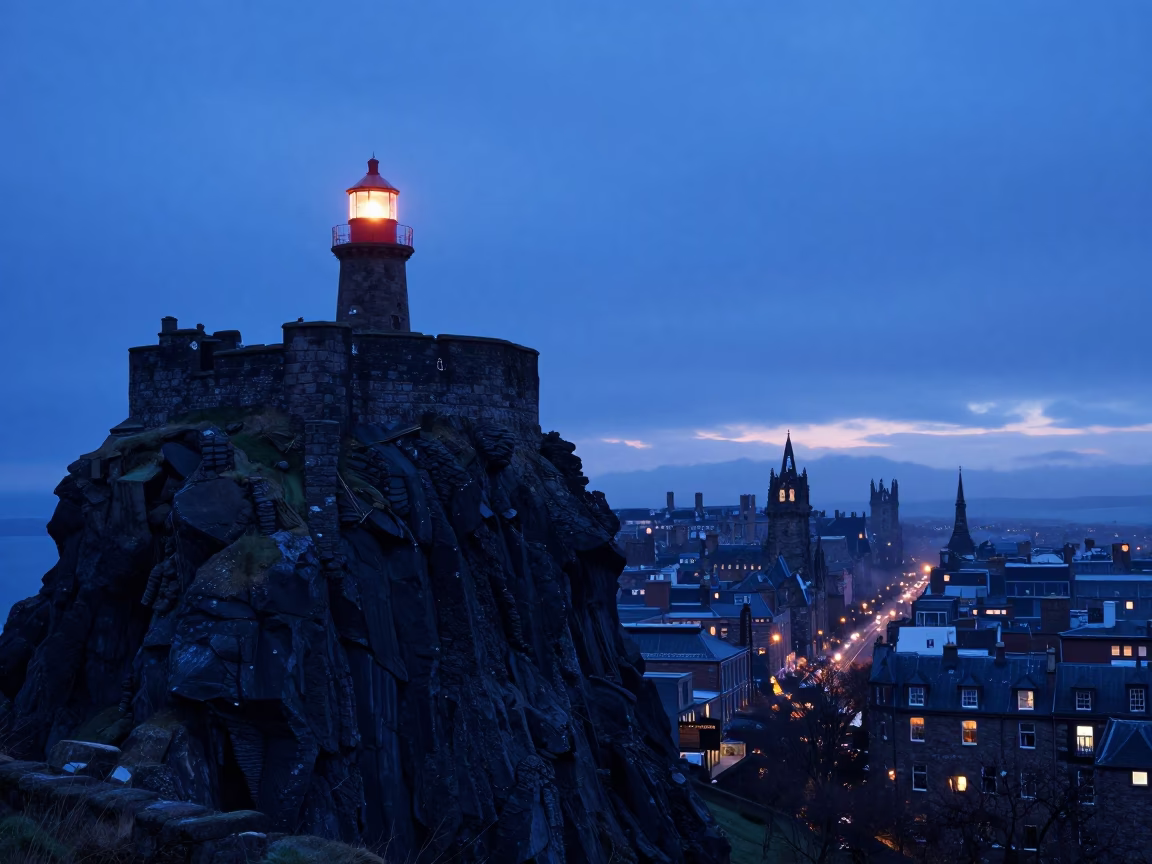 Nautical Dawn Light on Edinburgh Castle Rock and Royal Mile Cobblestones in in Edinburgh, United Kingdom