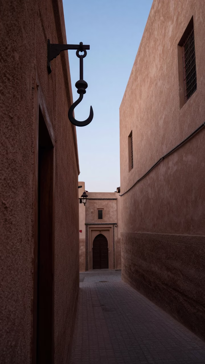 Nautical Dawn Light on Fez Medina Alley with Iron Hook and Leaf Shadows in in Fez, Morocco
