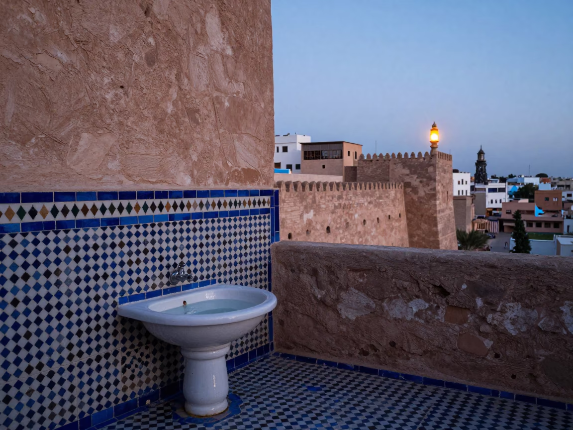 Nautical Dawn Light on Fez Medina Walls with Washing Basin and Soap in in Fez, Morocco