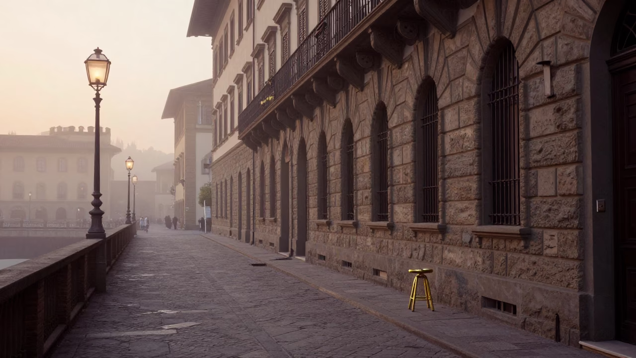 Nautical Dawn Light on Florence Street with Brass Stool and Art Deco Facade in in Florence, Italy