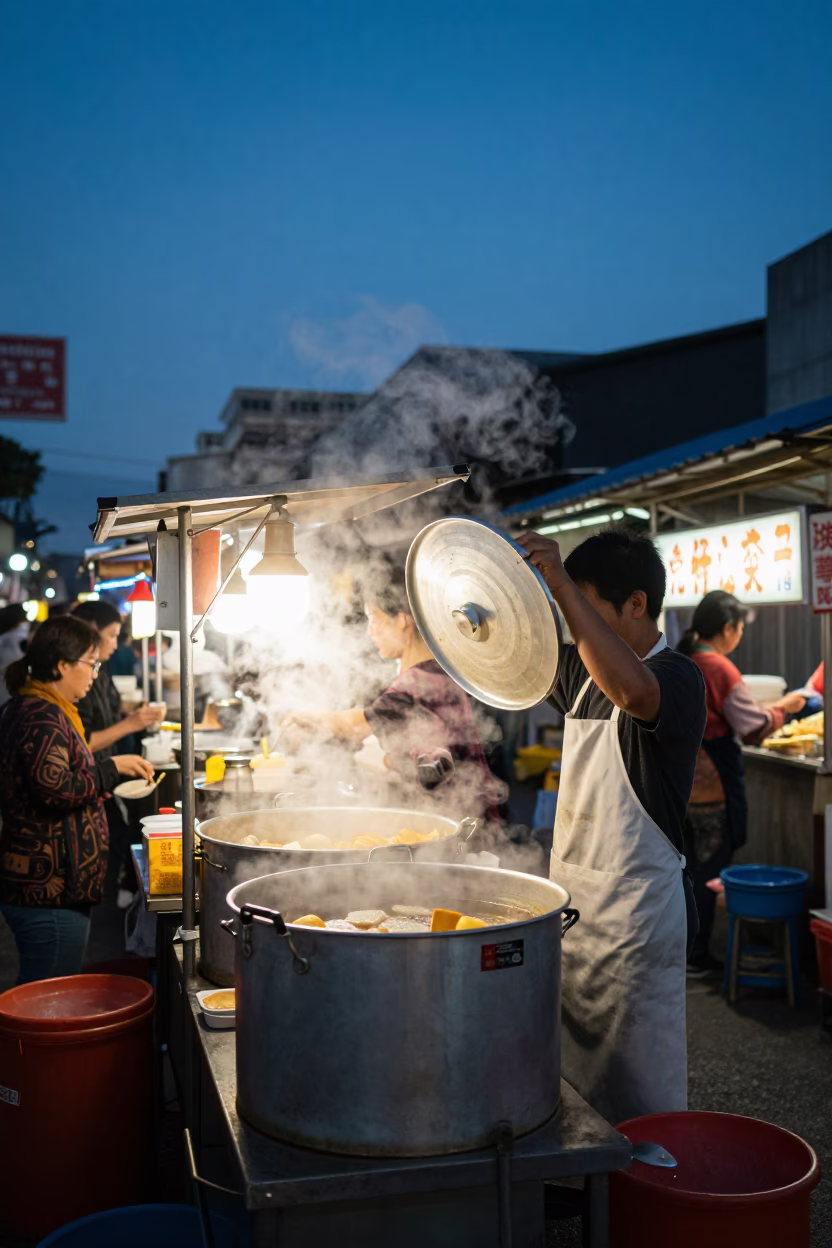 Nautical Dawn Light on Food Stall in Tainan in in Tainan, Taiwan