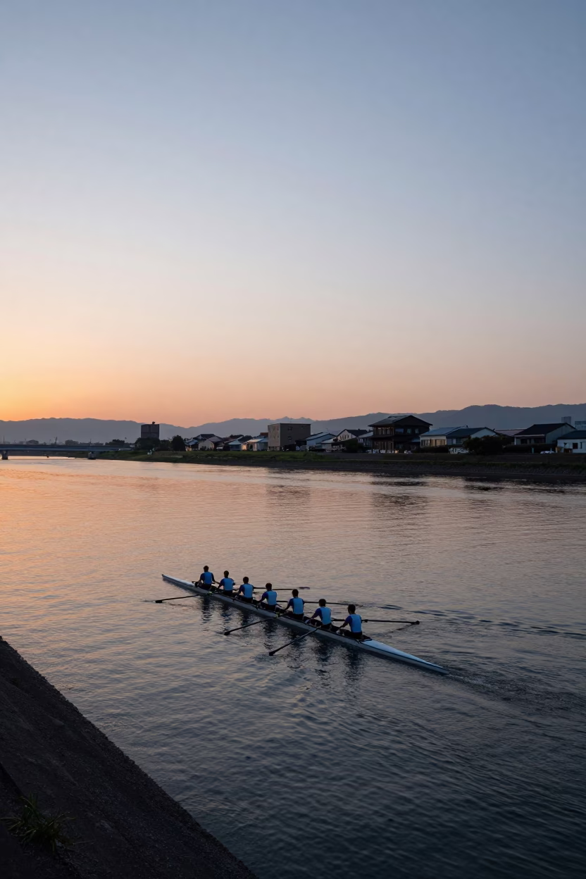 Nautical Dawn Light on Fukuoka Riverbank with Rowing Crew and Leaf Shadows in in Fukuoka, Japan