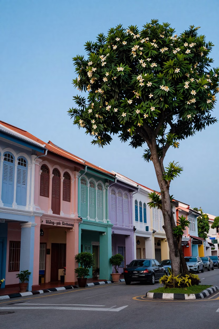Nautical Dawn Light on George Town Heritage Street with Ylang-Ylang Tree and Laundry in in George Town, Malaysia
