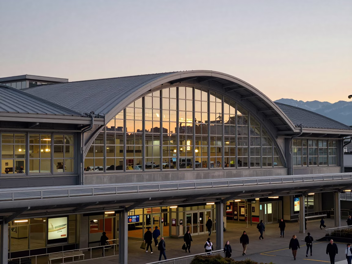Nautical Dawn Light on Glass Steel Train Station Arched Roof in Vancouver British Columbia in in Vancouver, British Columbia, Canada