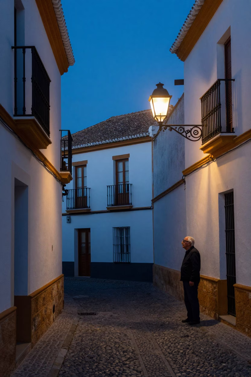 Nautical Dawn Light on Granada Street with Retired Astronomer and Local Market Scene in in Granada, Spain