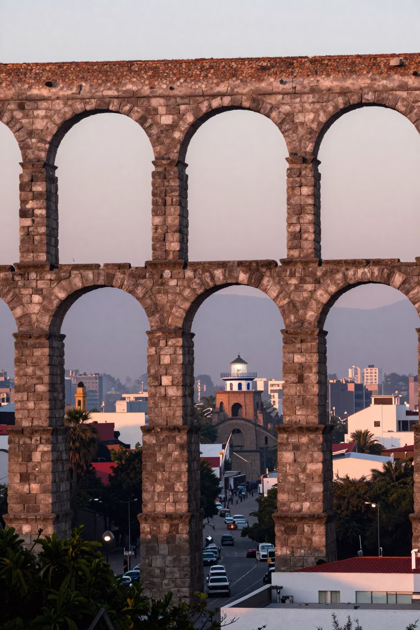 Nautical Dawn Light on Guadalajara Aqueduct Arcade Haze and Urban Street Life in in Guadalajara, Mexico