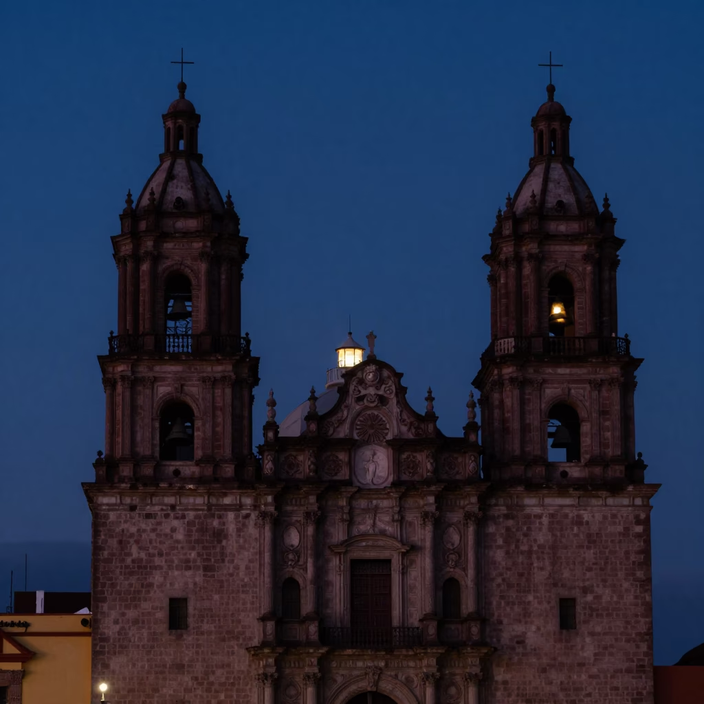 Nautical Dawn Light on Guadalajara Cathedral Facade with Early Morning Street Details in in Guadalajara, Mexico