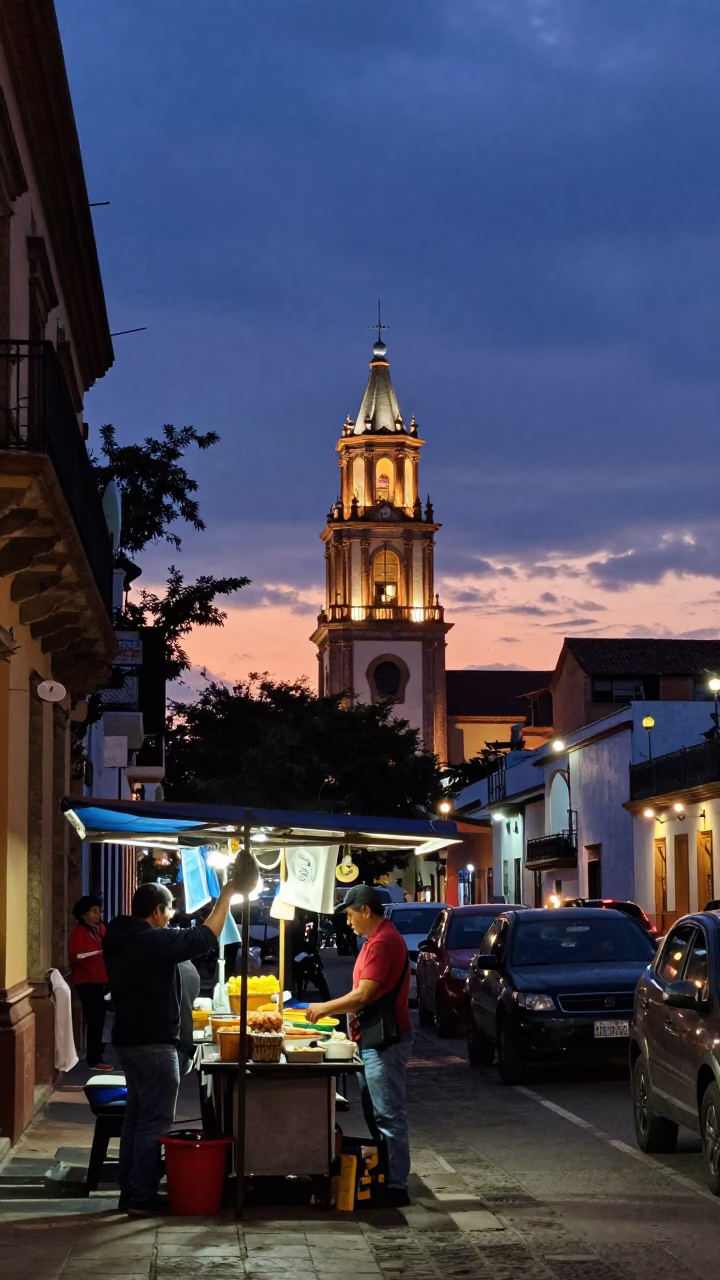 Nautical Dawn Light on Guadalajara Mexico Street Scene with Local Market Activity in in Guadalajara, Mexico
