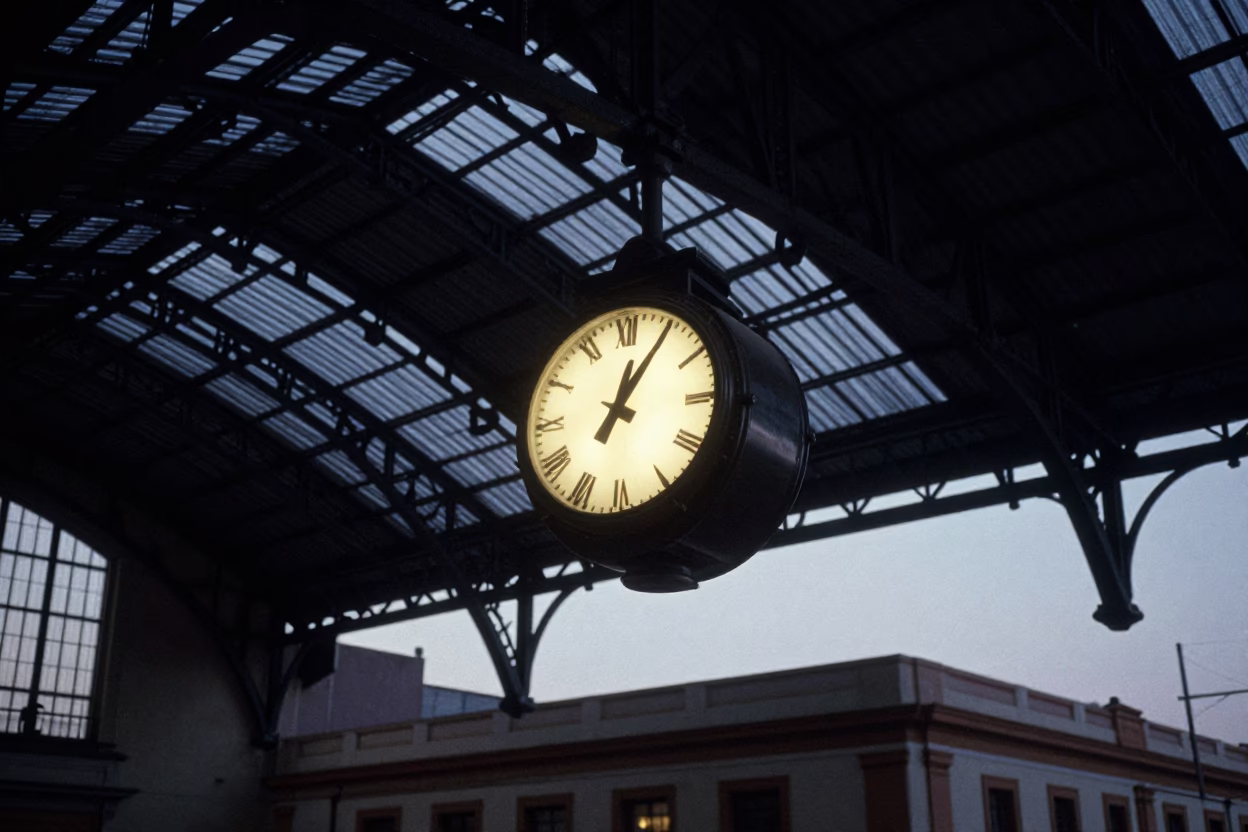 Nautical Dawn Light on Guadalajara Train Station Clock Under Vaulted Iron Roof in in Guadalajara, Mexico