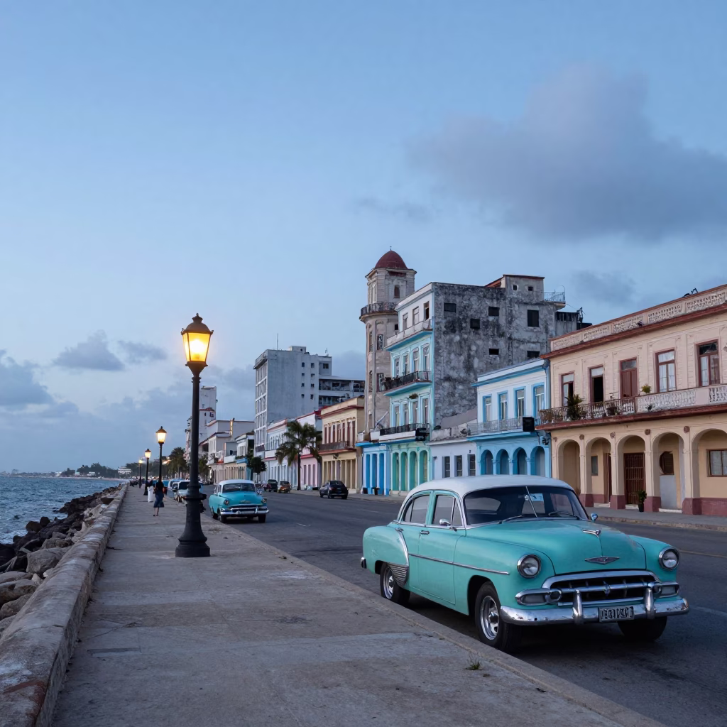 Nautical Dawn Light on Havana Malecon Coastal Promenade with Vintage American Car in in Havana, Cuba