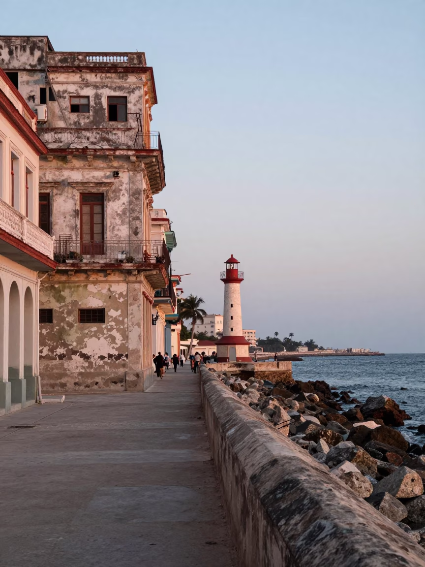 Nautical Dawn Light on Havana Malecon Seawall with Peeling Paint and Harbor Water in in Havana, Cuba