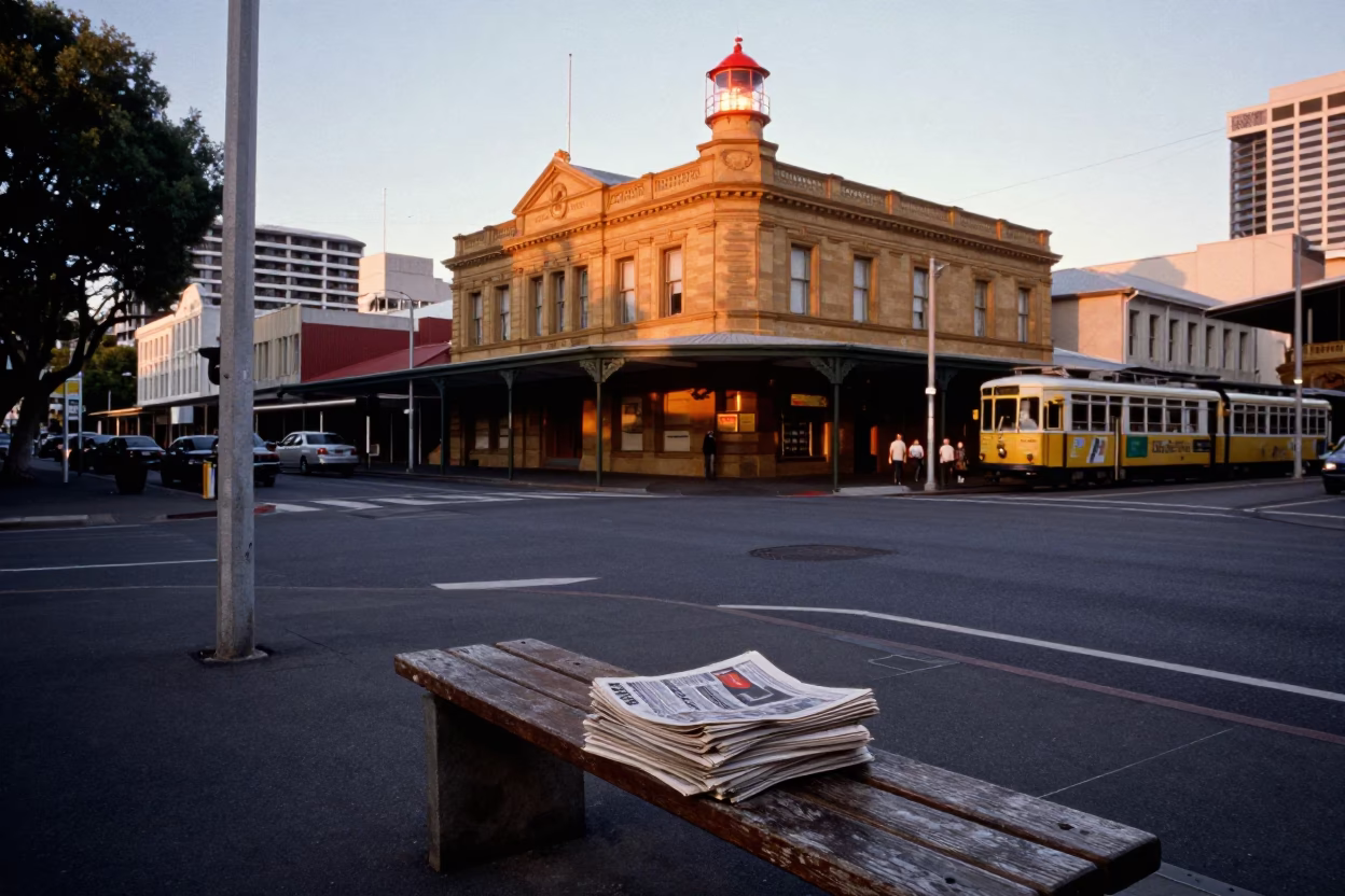 Nautical Dawn Light on Historic Adelaide Street Corner with Vintage Newspaper Stack in in Adelaide, South Australia, Australia