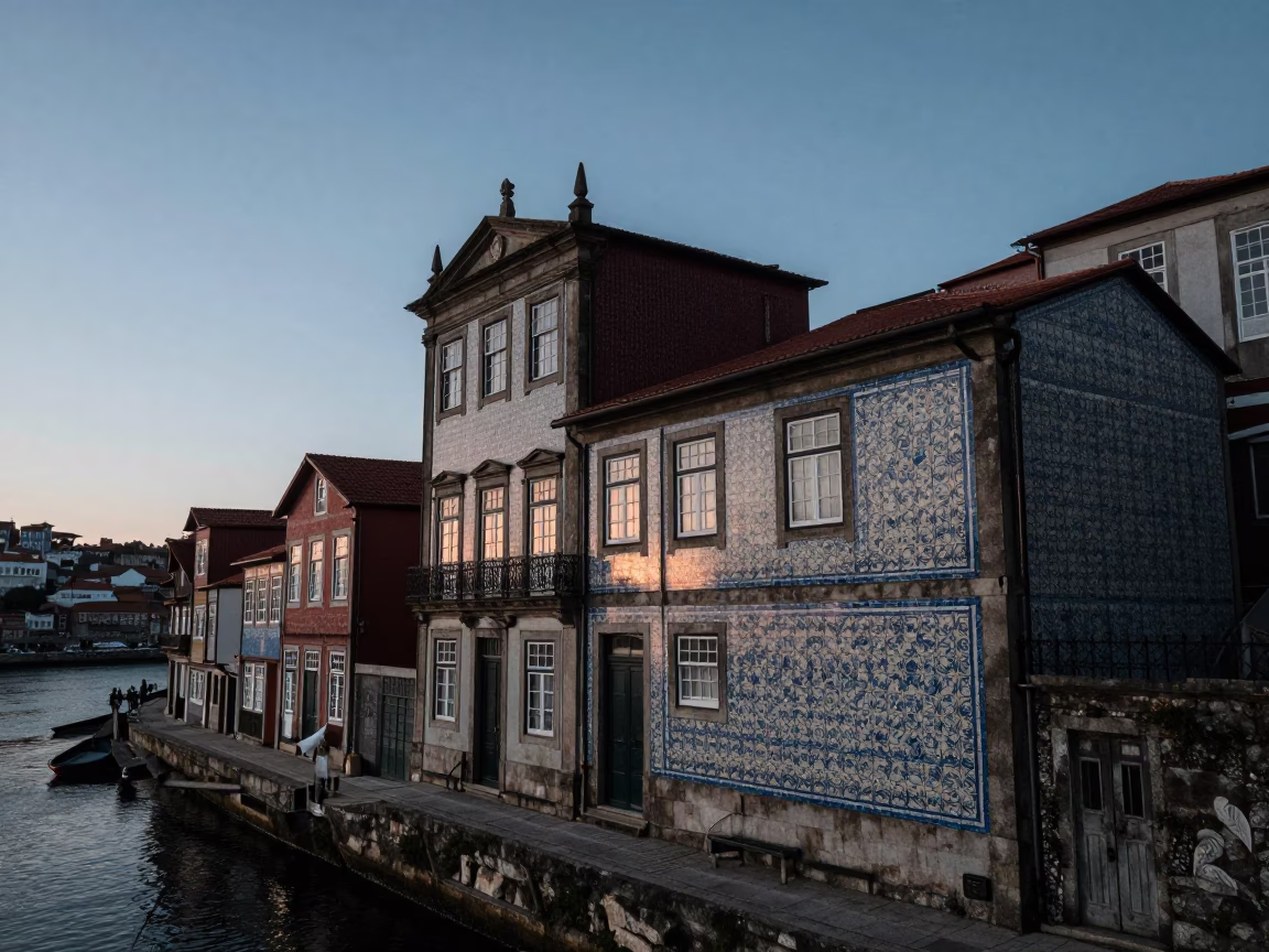 Nautical Dawn Light on Historic Porto Stone Facades and Coastal Architecture in in Porto, Portugal