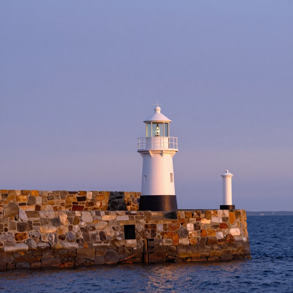 Nautical Dawn Light on Hobart Breakwater with Warning Beacons and Tasmanian Coastal Harbor View in in Hobart, Tasmania, Australia