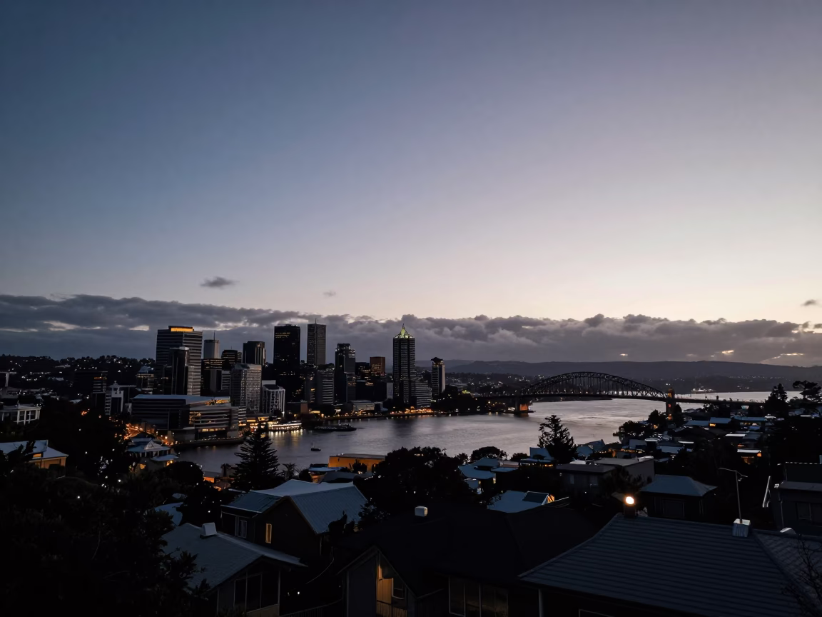 Nautical Dawn Light on Hobart Rooftops and Harbour Bridge Tasmania Australia in in Hobart, Tasmania, Australia