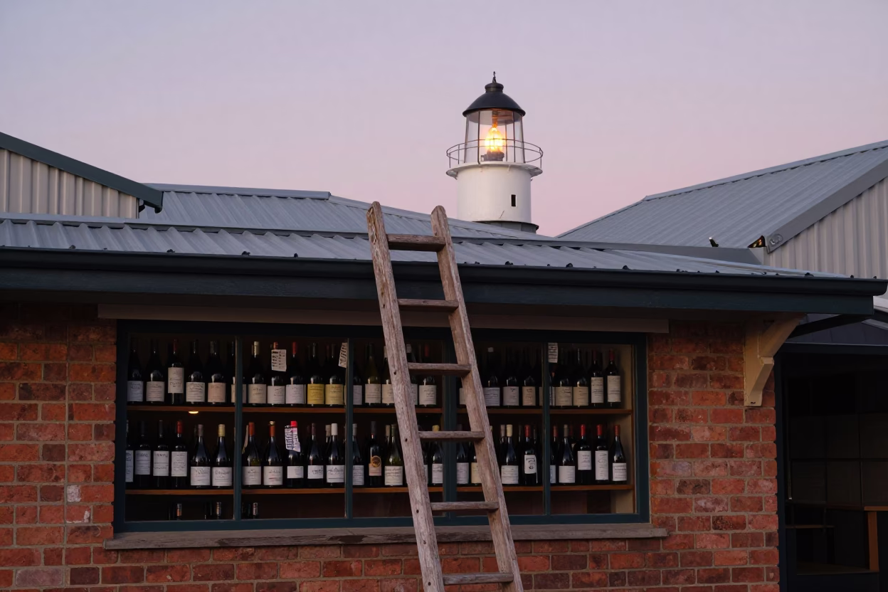 Nautical Dawn Light on Hobart Rooftops with Wine Shop Ladder and Iris Blossoms in in Hobart, Tasmania, Australia