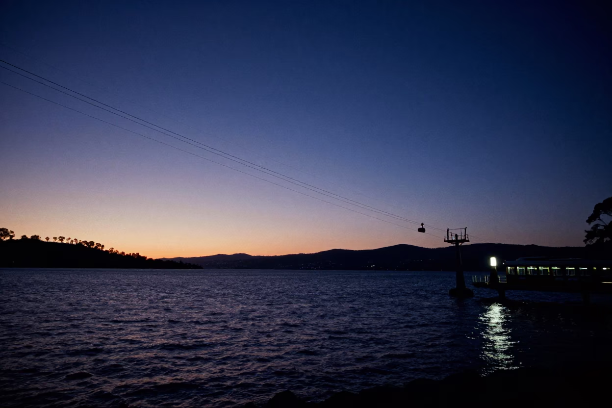 Nautical Dawn Light on Hobart Waterfront with Cable Car and Harbor Activity in in Hobart, Tasmania, Australia