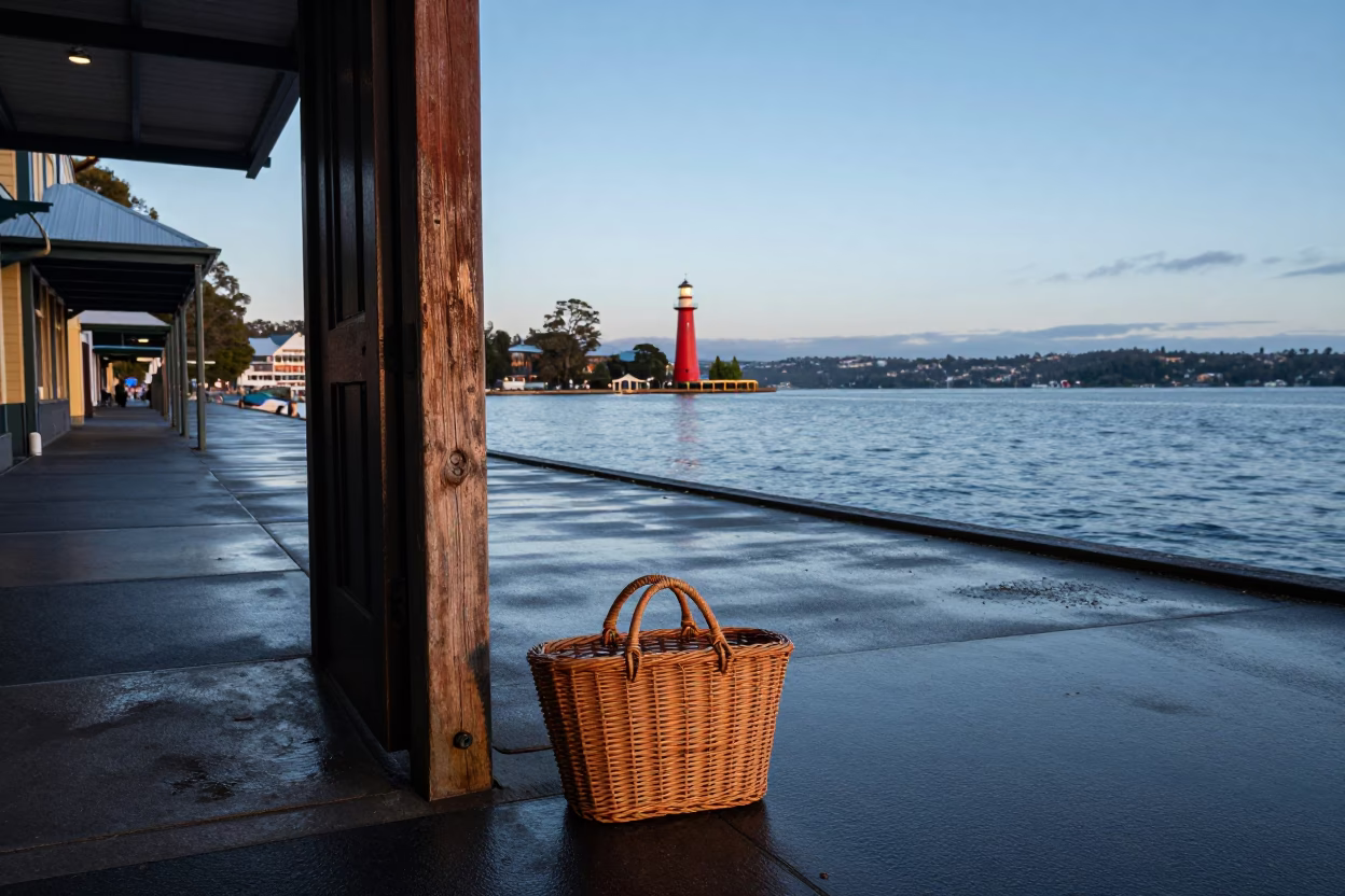 Nautical Dawn Light on Hobart Waterfront with Wicker Bag and Doorknob Detail in in Hobart, Tasmania, Australia