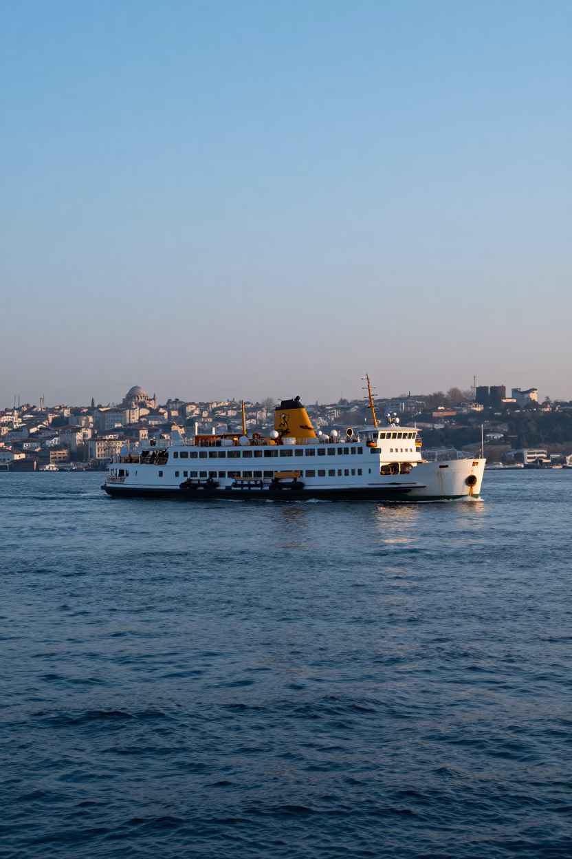 Nautical Dawn Light on Istanbul Bosphorus Ferries and Ottoman Architecture in in Istanbul, Turkey