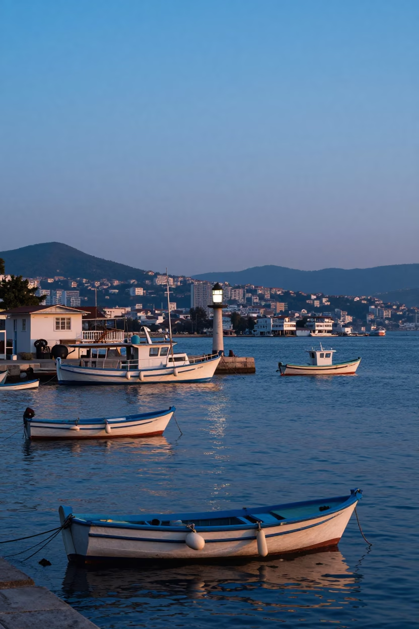 Nautical Dawn Light on Izmir Bay Harbor with Fishing Boats and Coastal Cityscape in in Izmir, Turkey