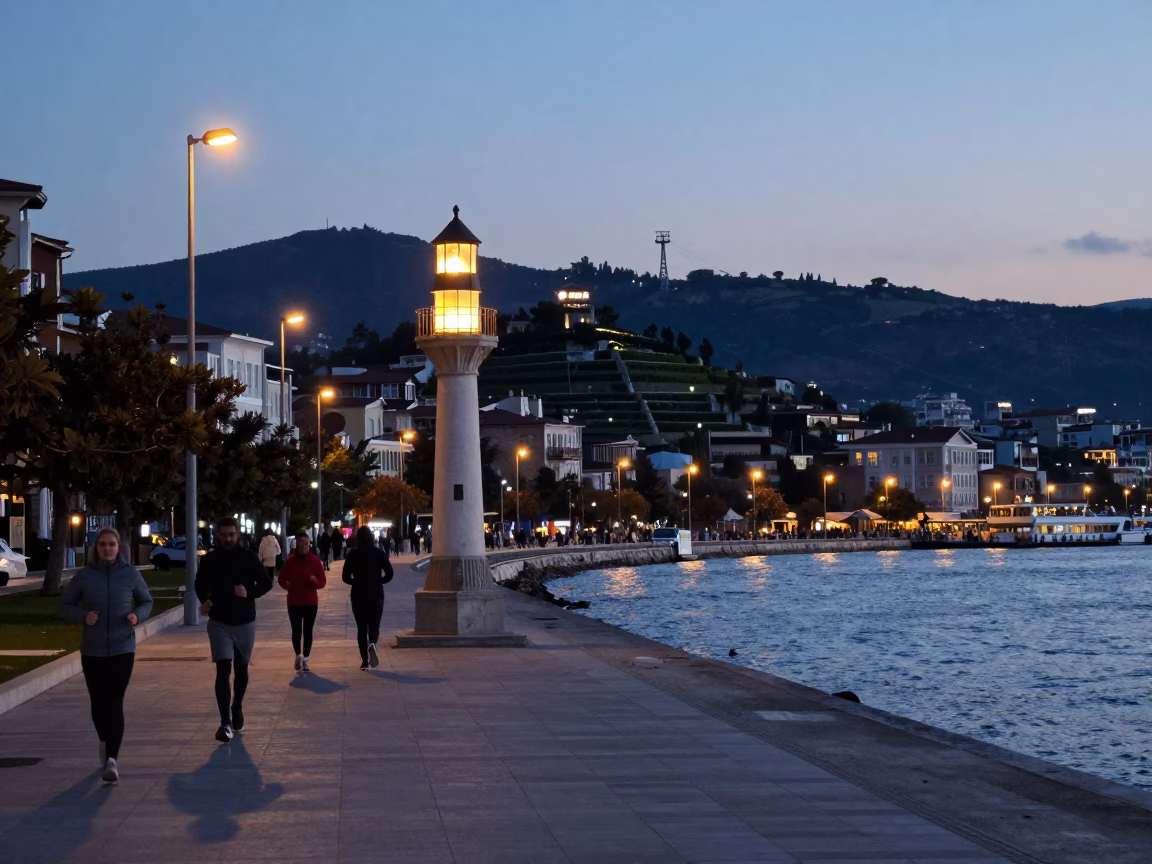 Nautical Dawn Light on Izmir's Kordon Promenade with Funicular and Harbor View in in Izmir, Turkey