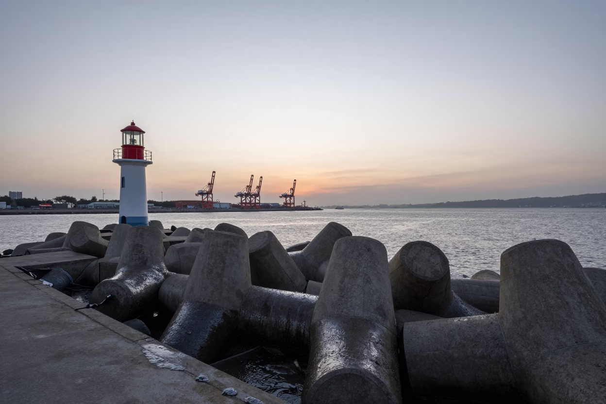 Nautical Dawn Light on Kaohsiung Harbor Breakwater Tetrapods and Coastal Spray in in Kaohsiung, Taiwan