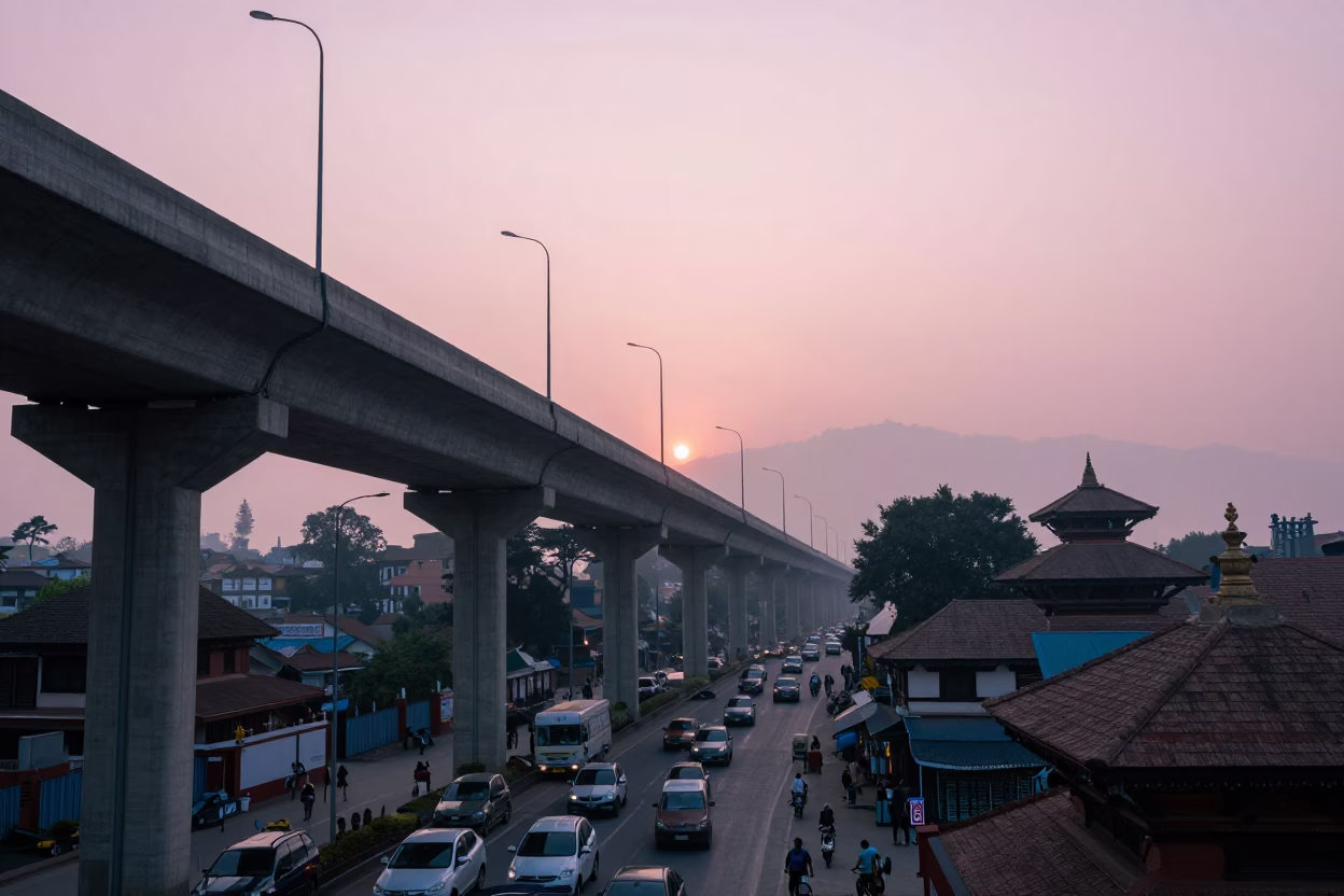 Nautical Dawn Light on Kathmandu Traffic and Traditional Architecture in in Kathmandu, Nepal
