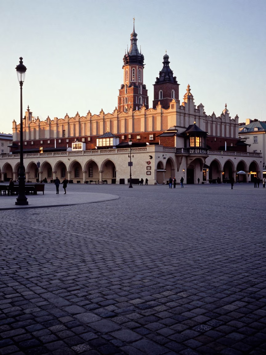 Nautical Dawn Light on Krakow Market Square Cobblestones and Historic Architecture in in Krakow, Poland
