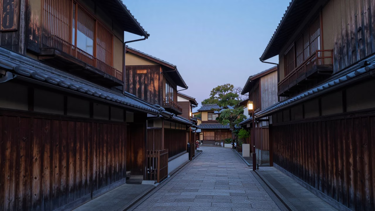 Nautical Dawn Light on Kyoto Traditional Wooden Architecture and Quiet Street Scene in in Kyoto, Japan