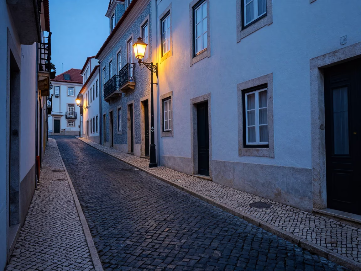 Nautical Dawn Light on Lisbon Cobblestones with Vintage 1950s Street Scene in in Lisbon, Portugal