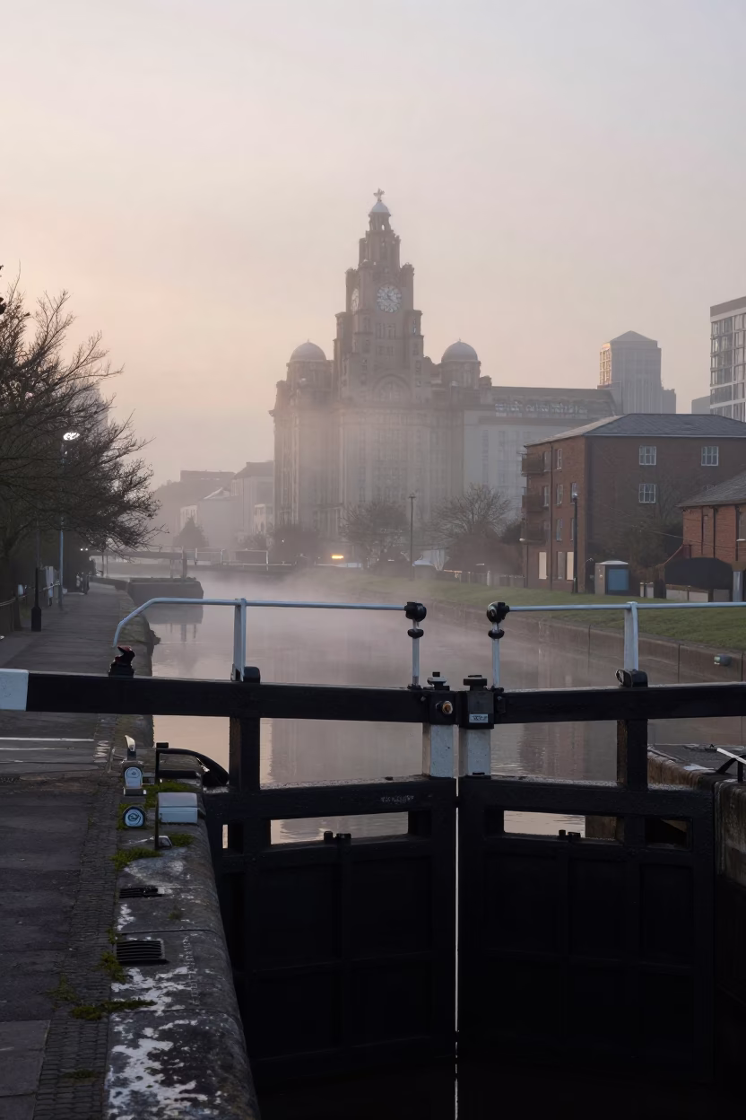 Nautical Dawn Light on Liverpool Canal Lock Gate and Green Water in in Liverpool, United Kingdom