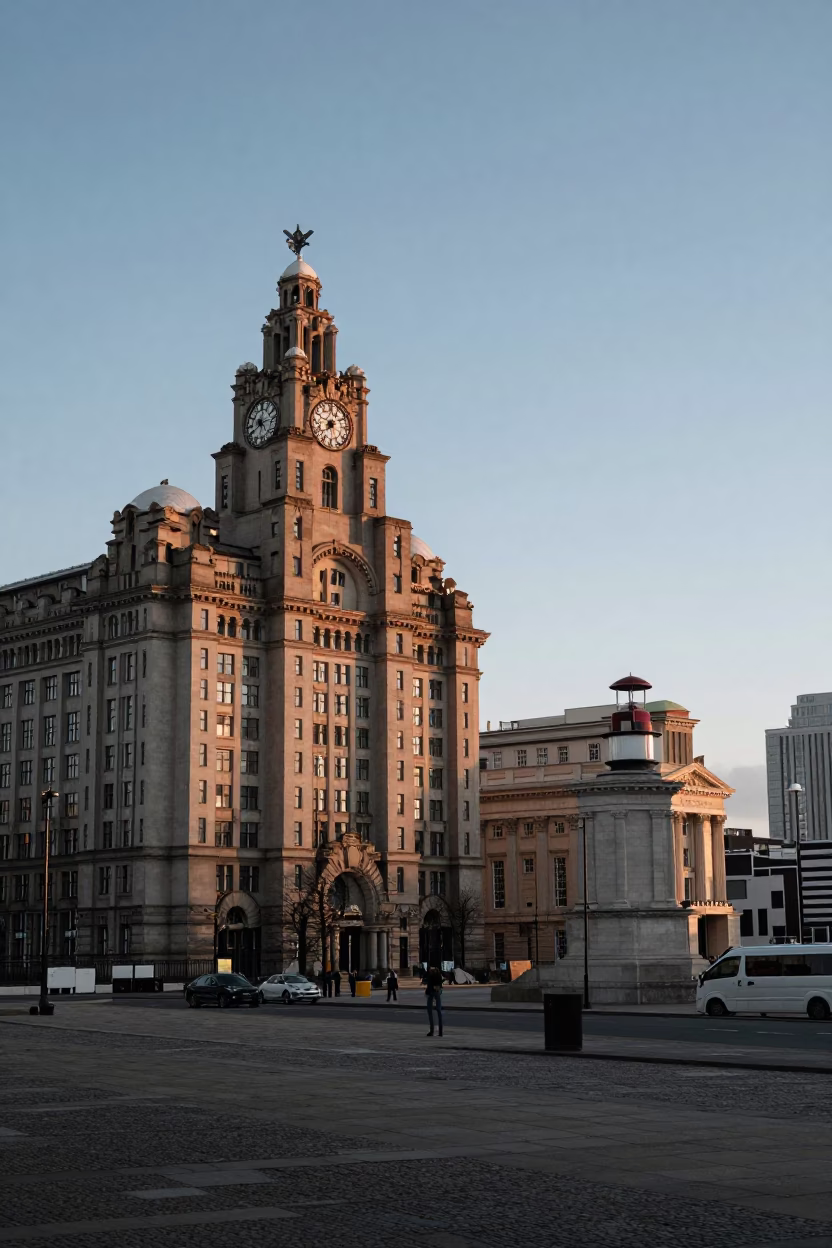 Nautical Dawn Light on Liverpool's Royal Liver Building and Mersey Waterfront in in Liverpool, United Kingdom