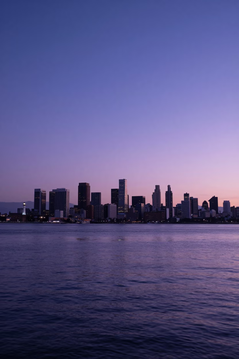 Nautical Dawn Light on Los Angeles City Skyline and Pacific Ocean Ripples in in Los Angeles, California, United States