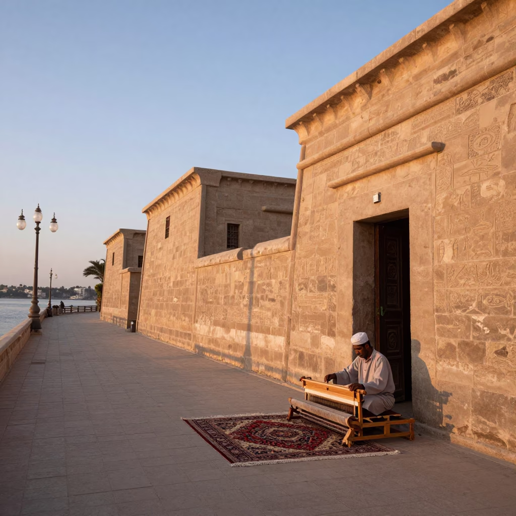 Nautical Dawn Light on Luxor Nile Promenade with Loom and Latch Details in in Luxor, Egypt