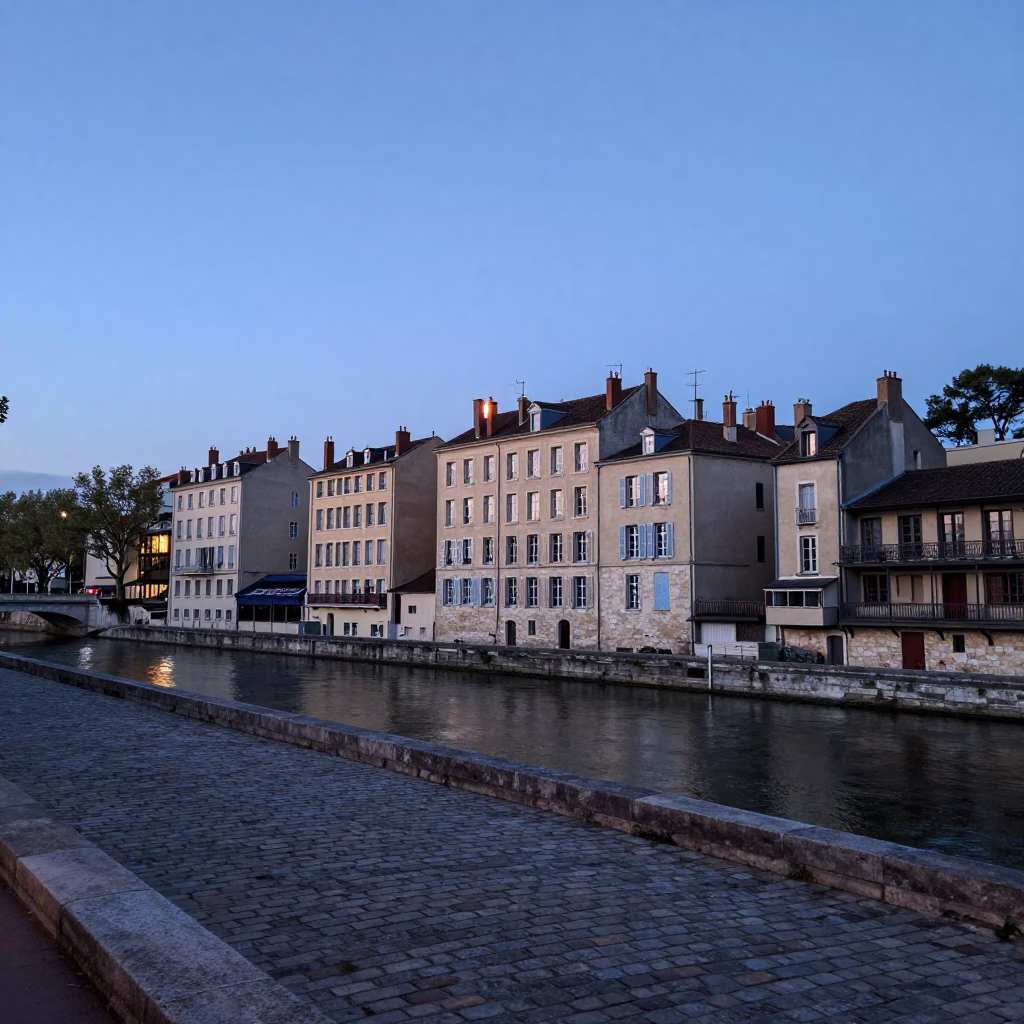 Nautical Dawn Light on Lyon Quai Saint-Vincent with Historic Stone Architecture in in Lyon, France