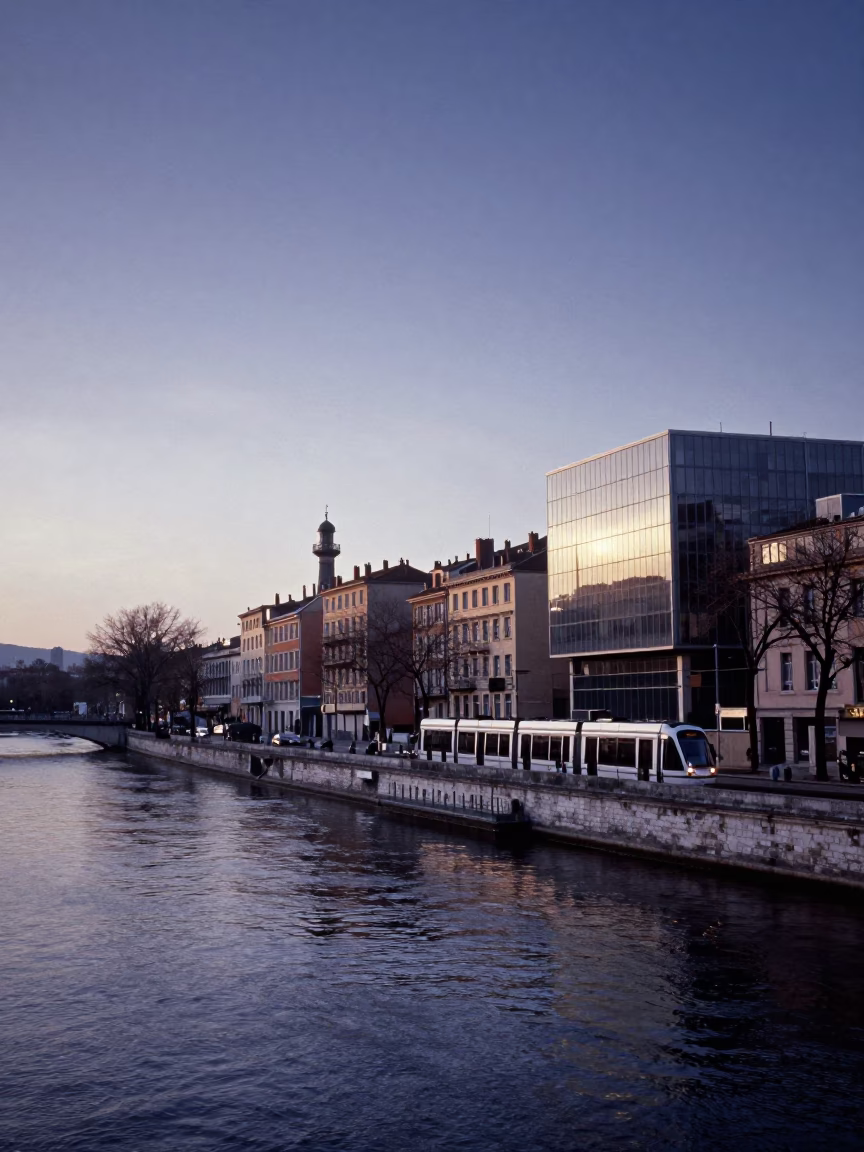 Nautical Dawn Light on Lyon Saône River Quays with Tramway and Glass Architecture in in Lyon, France