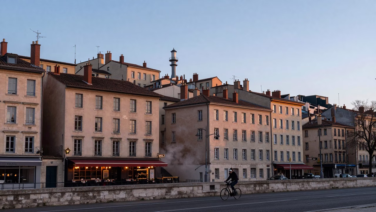 Nautical Dawn Light on Lyon’s Quai Saint-Vincent with Traditional Café Breakfast in in Lyon, France