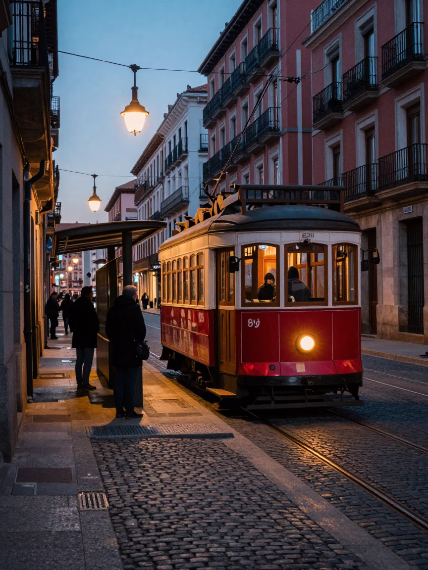 Nautical Dawn Light on Madrid Cobblestones with Heritage Tram and Vintage Street Scene in in Madrid, Spain