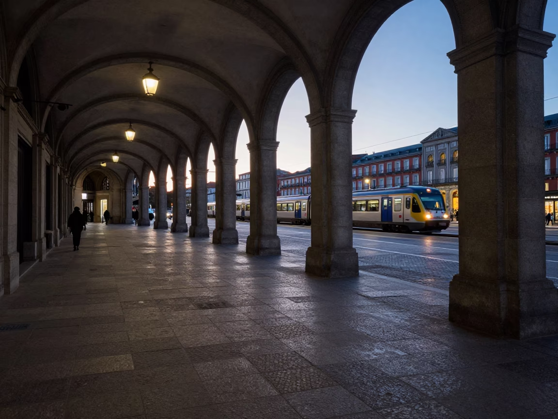 Nautical Dawn Light on Madrid Plaza Mayor Stone Paving with Commuter Train Departure in in Madrid, Spain