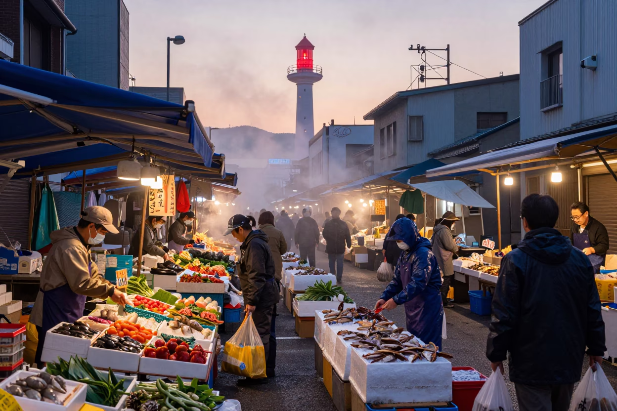 Nautical Dawn Light on Market Scene in Fukuoka in in Fukuoka, Japan