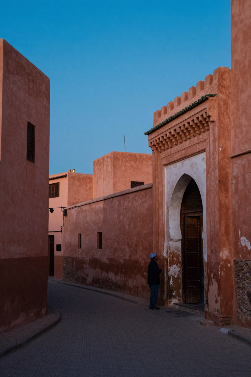 Nautical Dawn Light on Marrakech Medina Streets with Traveler Suitcases in in Marrakech, Morocco