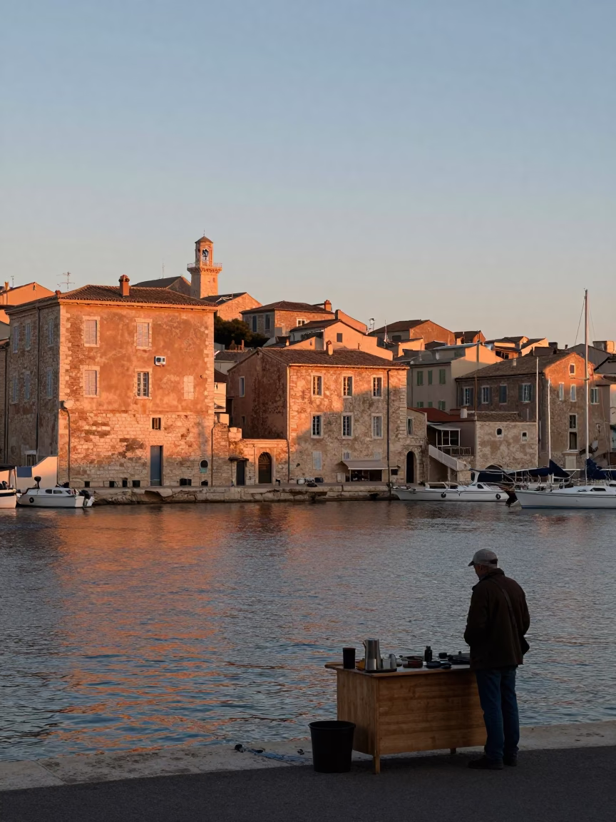 Nautical Dawn Light on Marseille Old Port with Terracotta Jug and Olive Oil in in Marseille, France