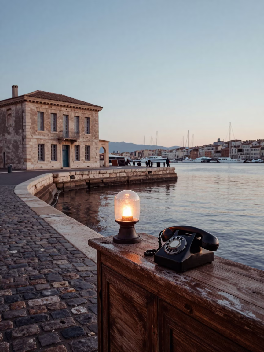 Nautical Dawn Light on Marseille Port with Vintage Bakelite Telephone and Steam Haze in in Marseille, France