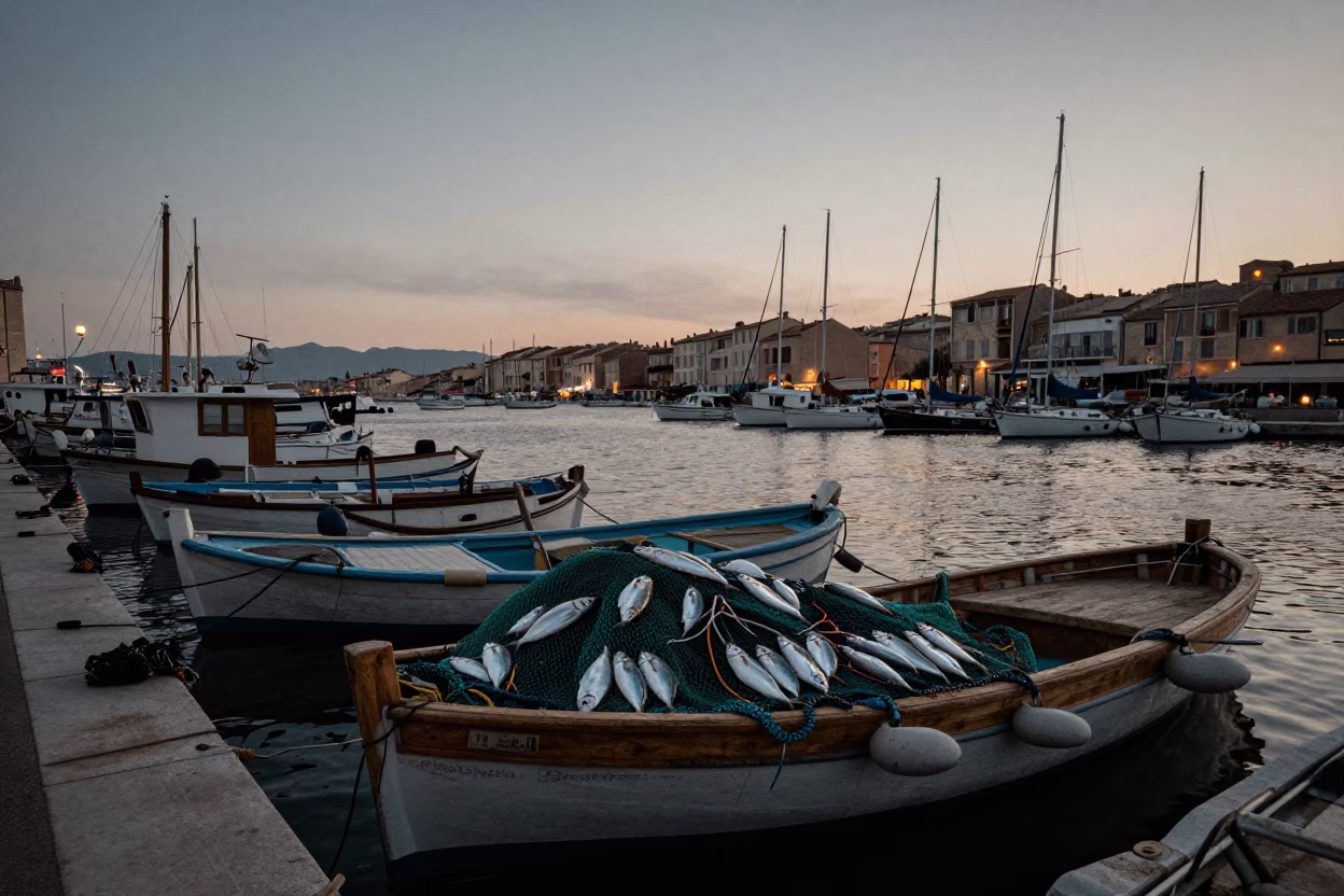 Nautical Dawn Light on Marseille Vieux Port Fishing Boats and Henna Artist in in Marseille, France
