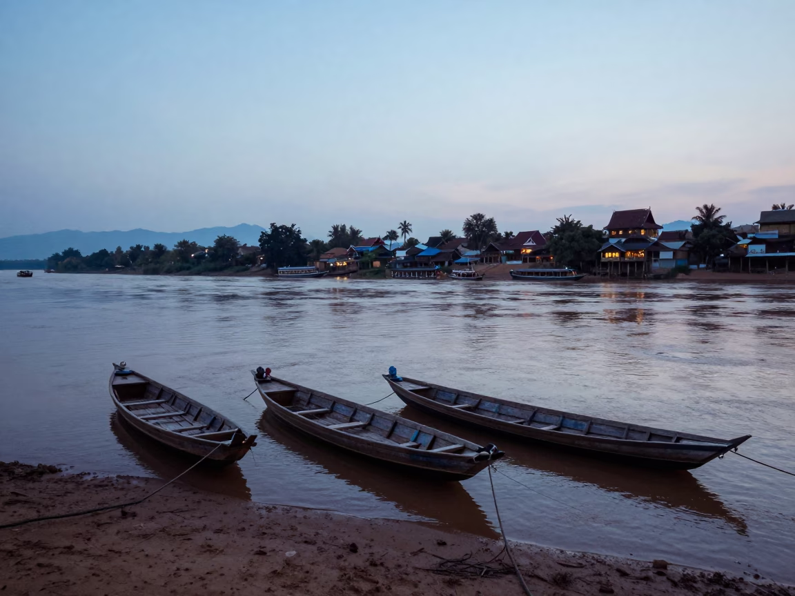 Nautical Dawn Light on Mekong River Wooden Boats Near Luang Prabang Laos in in Luang Prabang, Laos