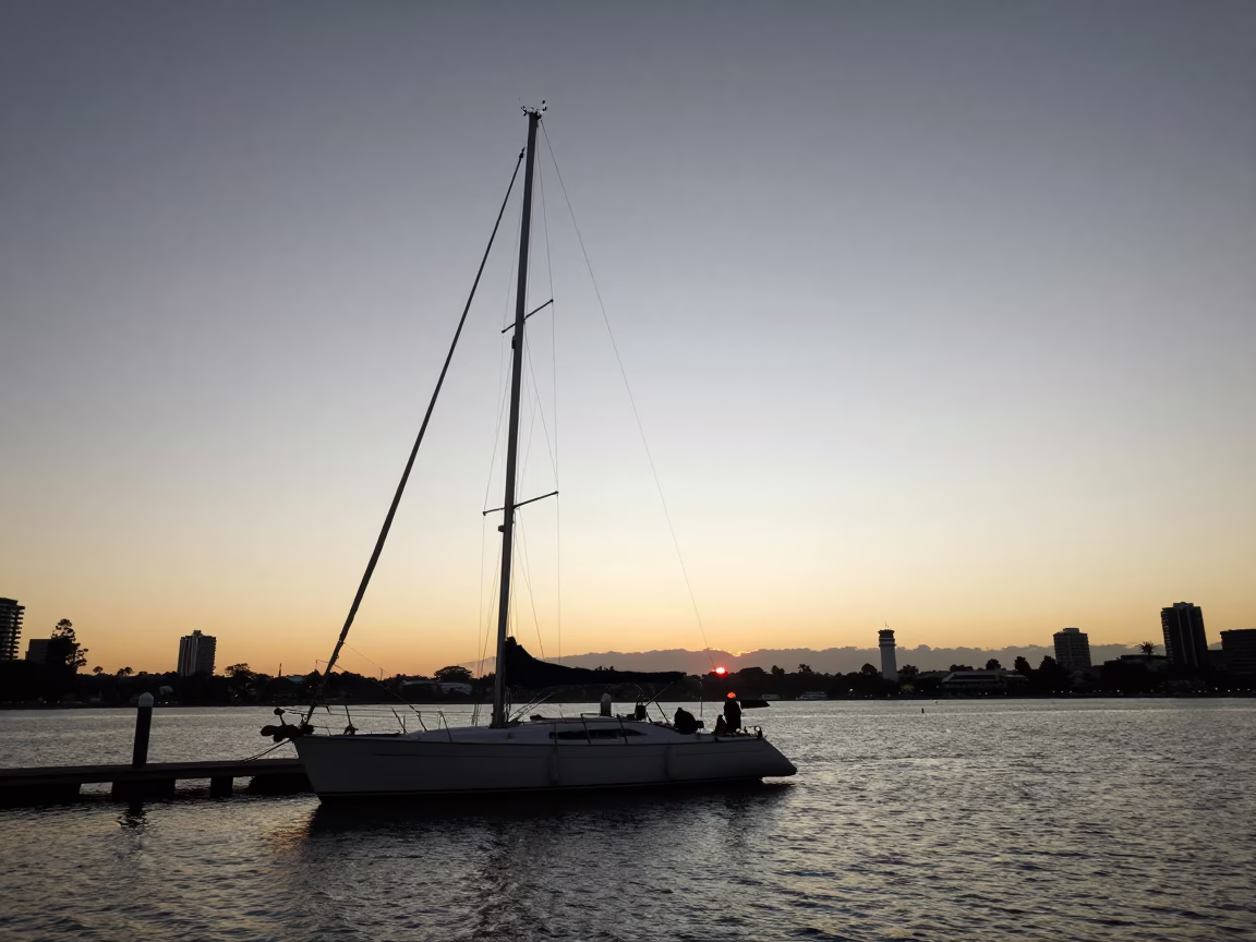 Nautical Dawn Light on Melbourne Harbor with Yacht Mast and Coastal Skyline in in Melbourne, Victoria, Australia