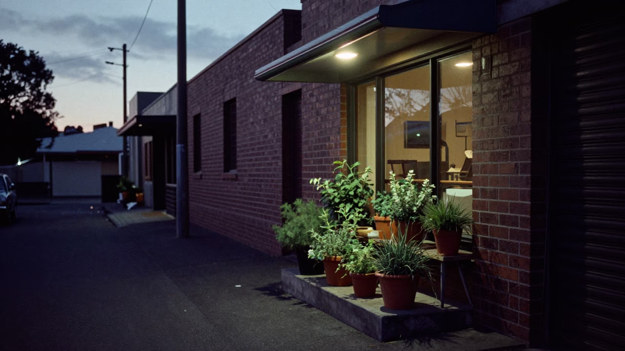 Nautical Dawn Light on Melbourne laneway with Potted Herbs and Vine Growth in in Melbourne, Victoria, Australia