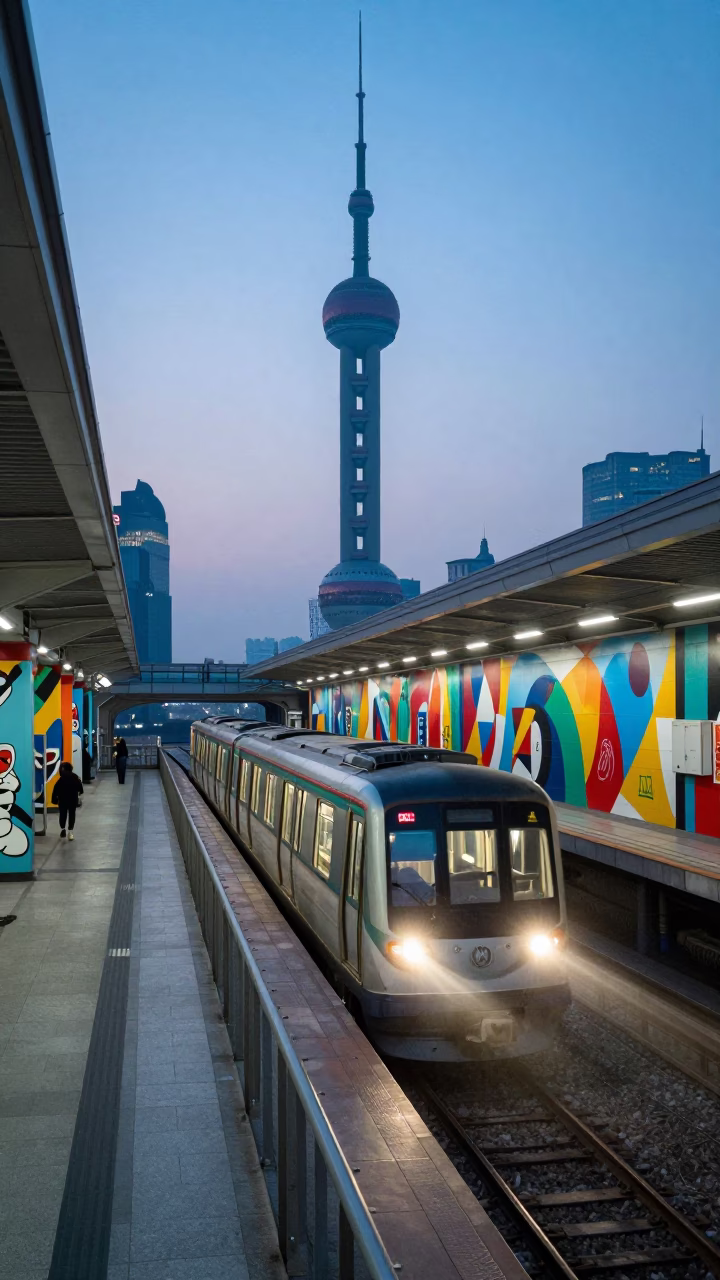 Nautical Dawn Light on Metro Station in Shanghai in in Shanghai, China